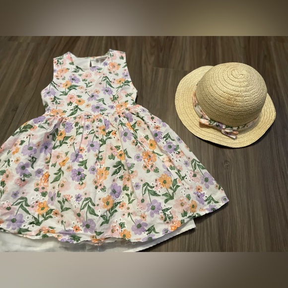 Little Lass White floral A-Line Sundress Sleeveless with hat size 6 - Picture 6 of 7